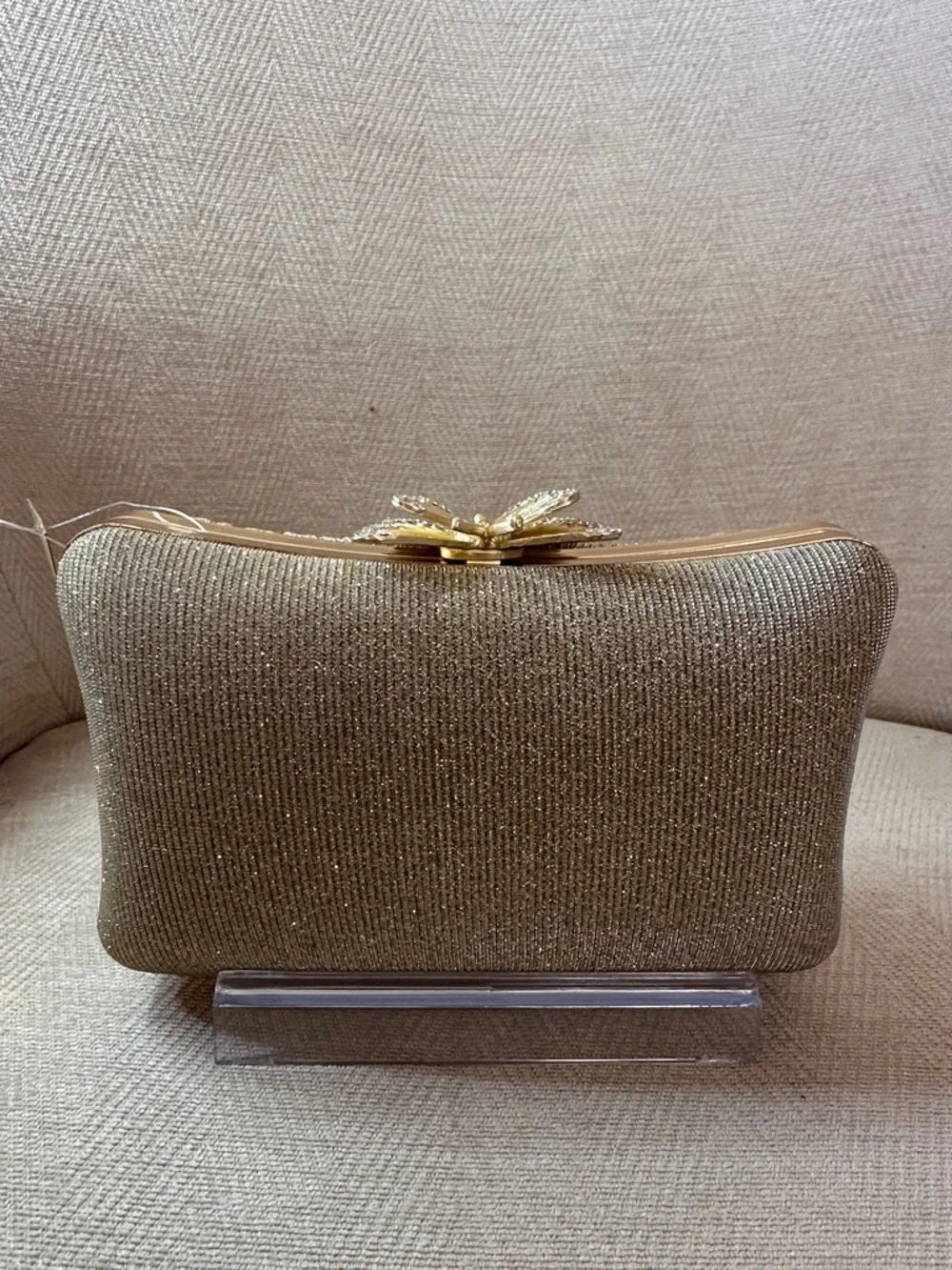 Savannah Gold Pleated Clutch with Butterfly Accent and chain
